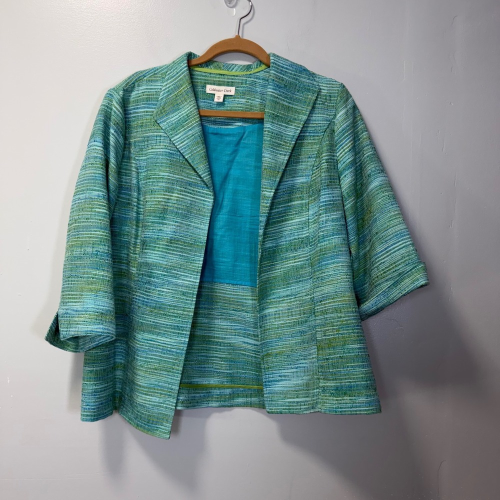 Coldwater Creek Women Green Blue Textured Open Front Blazer Jacket 16